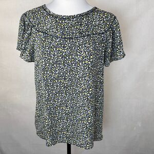 LOFT Top Sz S Navy Floral Flutter Cap Sleeve Boat Neck Ladder Stitch Keyhole